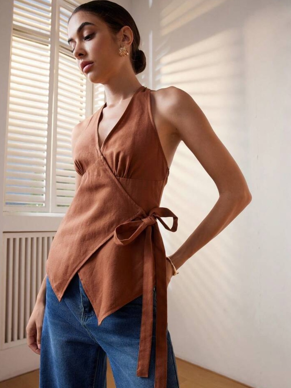 Sleeveless Wrap Blouse in Rust Brown